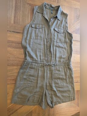Lauren Ralph Lauren Jumpsuit Shorts Sz 16 Olive Linen Blend Romper Sleeveless